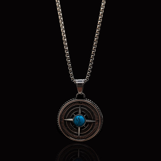 Silver Compass with Turquoise stone & Rolo Chain 3mm-22inch