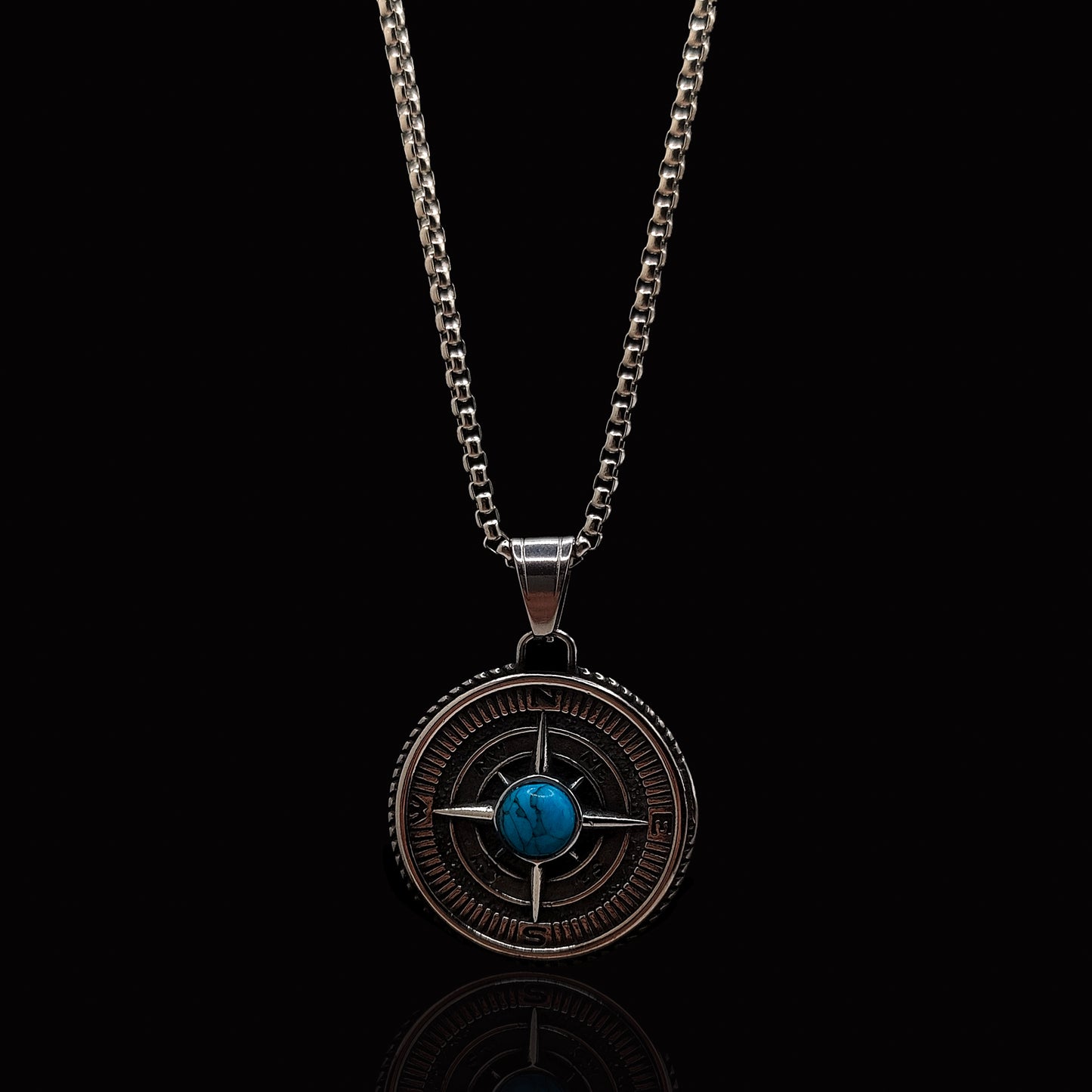 Silver Compass with Turquoise stone & Rolo Chain 3mm-22inch