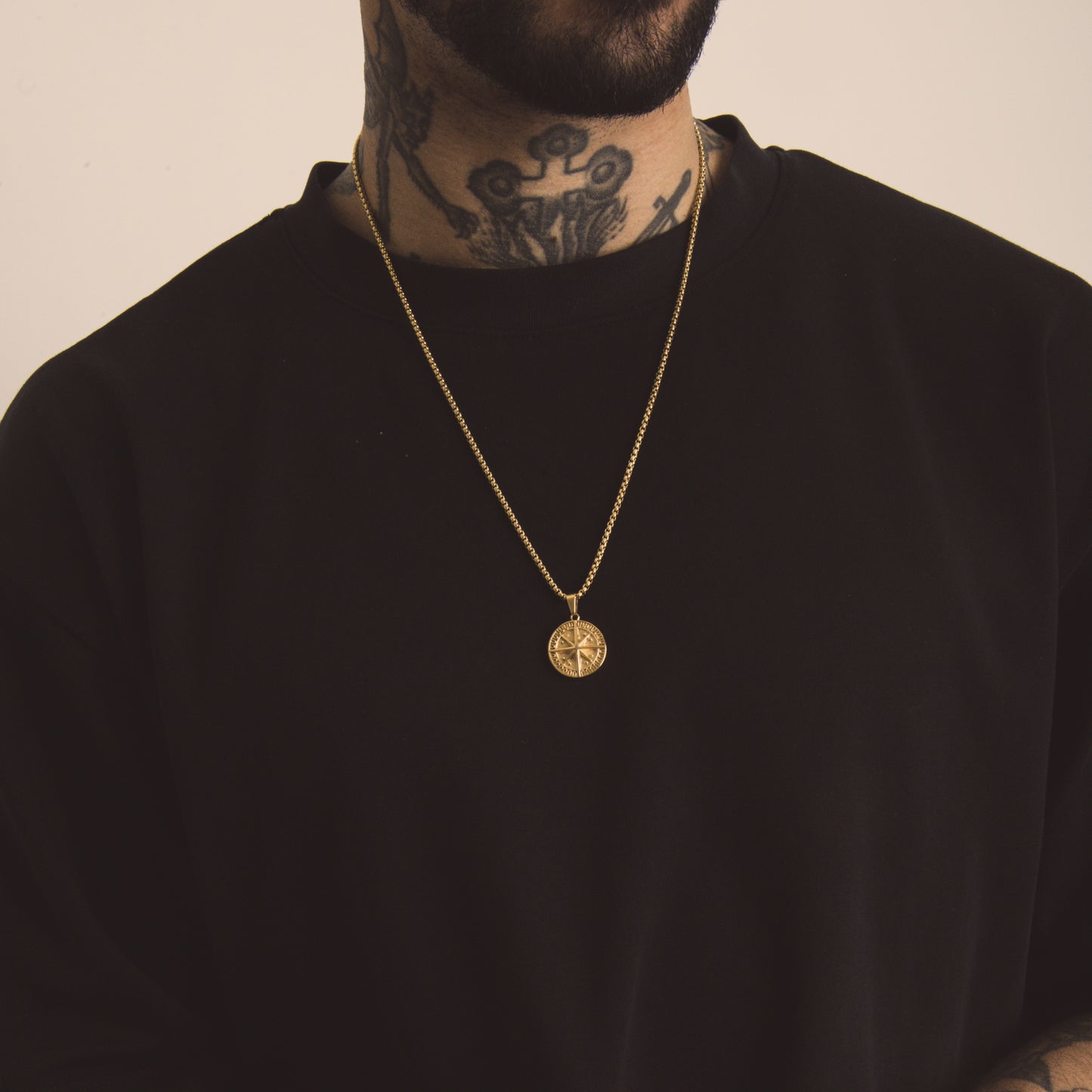 Gold Compass Pendant & Rolo Chain 3mm-24inches
