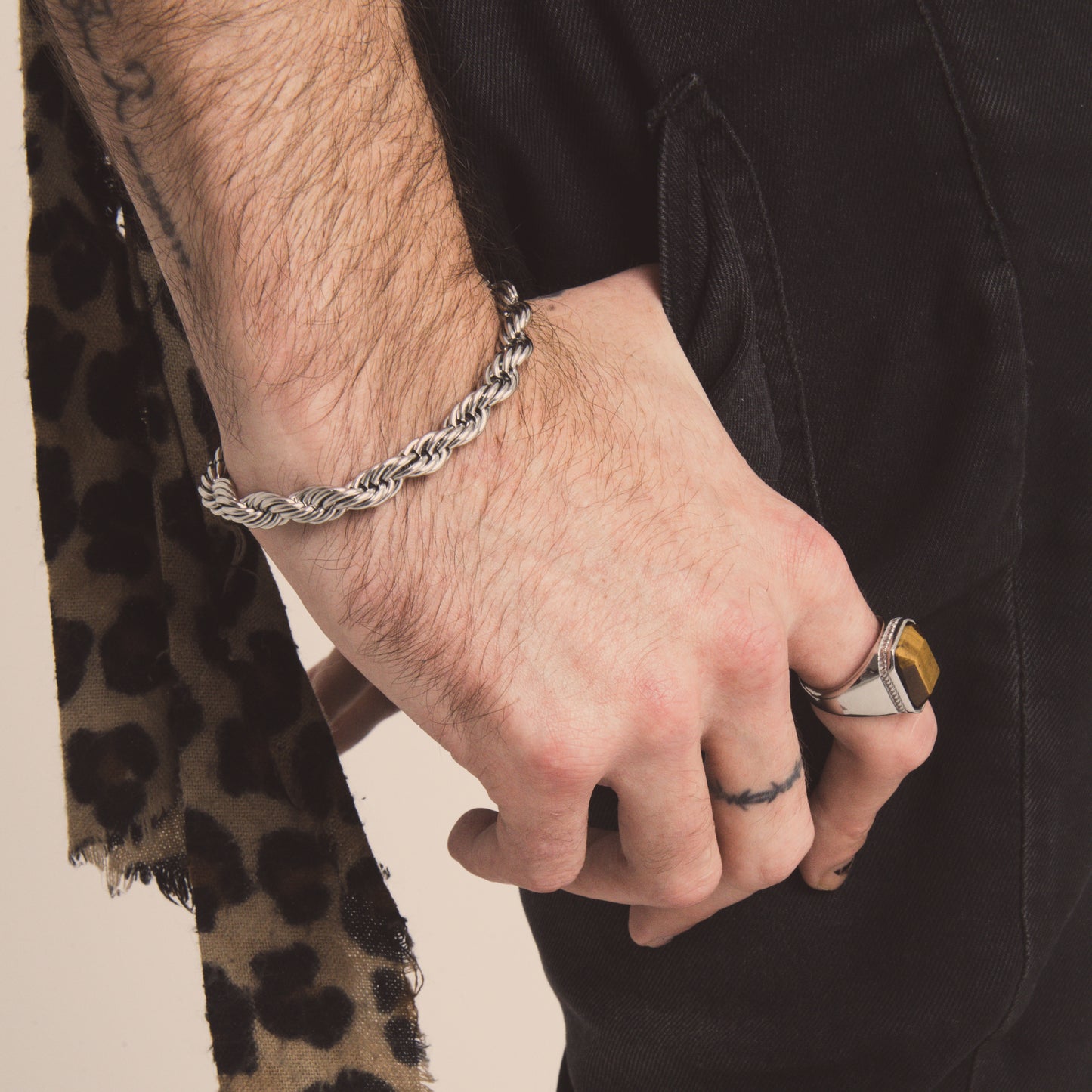 Silver Rope Bracelet (8mm-20cm) & Brown Stone onyx Ring