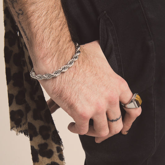 Silver Rope Bracelet (8mm-20cm) & Brown Stone onyx Ring