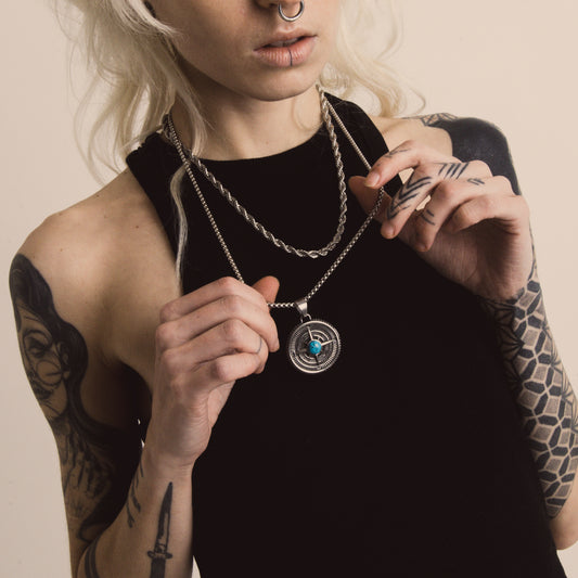 Silver Rope Chain (5mm-18inch) & Compass with Turquoise Stone Pendant Rolo Chain (3mm-22inch)