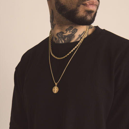 Gold Rope Chain (5mm-18inch) & Compass Pendant Rolo Chain (3mm-24inch)