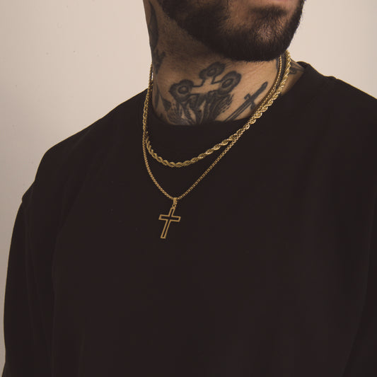 Gold Rope Chain (5mm-18inch) & Hollow Cross Pendant Rolo Chain (3mm-20inch)