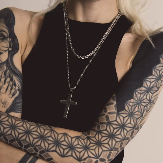 Silver Rope Chain (5mm-18inch) & Cross Pendant Rolo Chain (3mm-22inch)