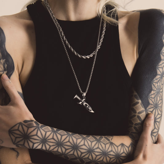 Silver Rope Chain (5mm-18inch) & Skull Dagger Pendant Rolo Chain (3mm-22inch)