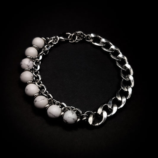 Adjustable Silver Cuban Link & Natural Stone Beaded Bracelet (White)