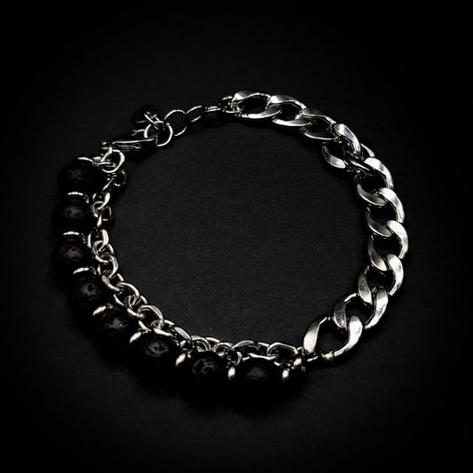 Adjustable Silver Cuban Link & Natural Stone Beaded Bracelet (Lava Black)