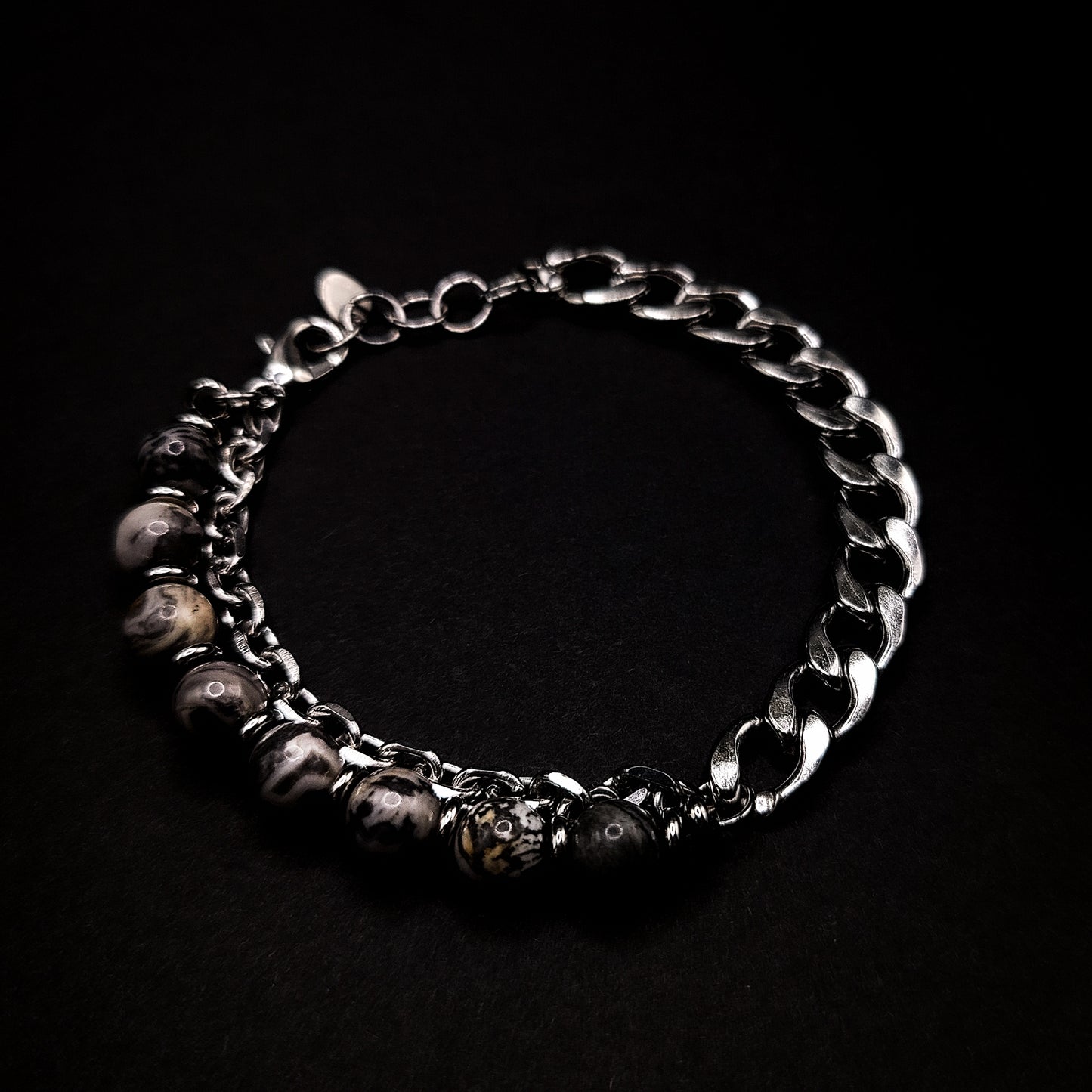 Adjustable Silver Cuban Link & Natural Stone Beaded Bracelet (Grey)