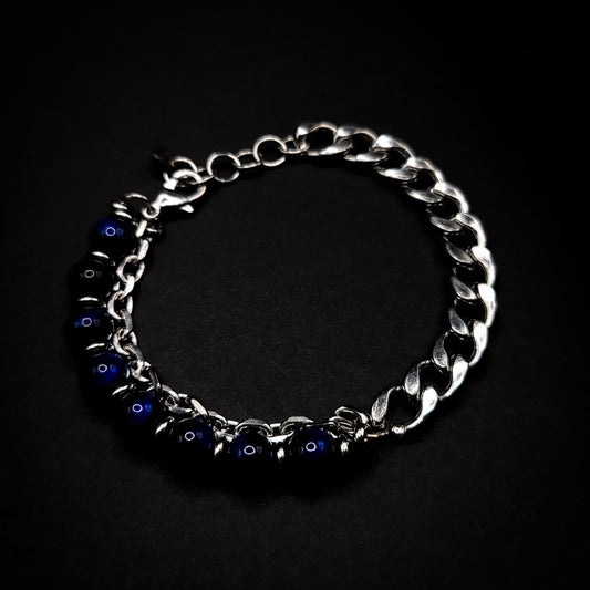 Adjustable Silver Cuban Link & Natural Stone Beaded Bracelet (Blue)