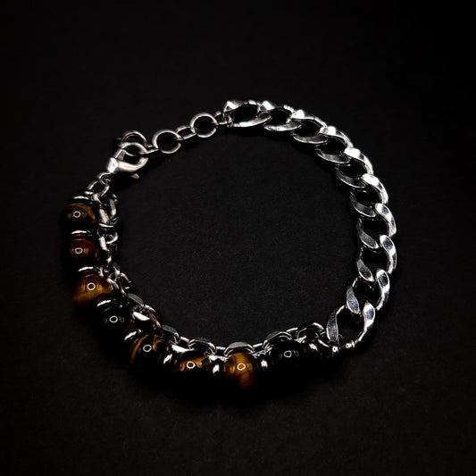 Adjustable Silver Cuban Link & Natural Stone Beaded Bracelet (Brown)