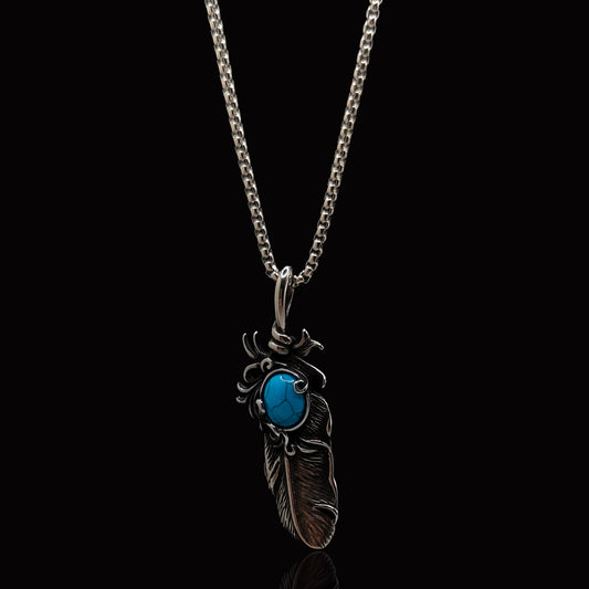 Silver Feather with Turquoise stone & Rolo Chain 3mm-22inch
