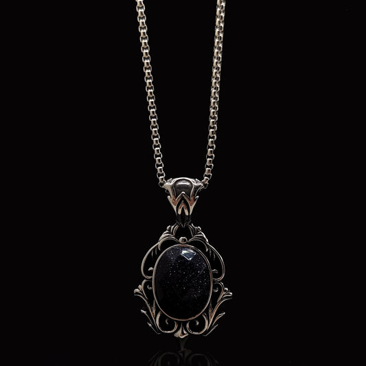 Silver Black Stone Fleur de lis & Rolo Chain 3mm-22inch