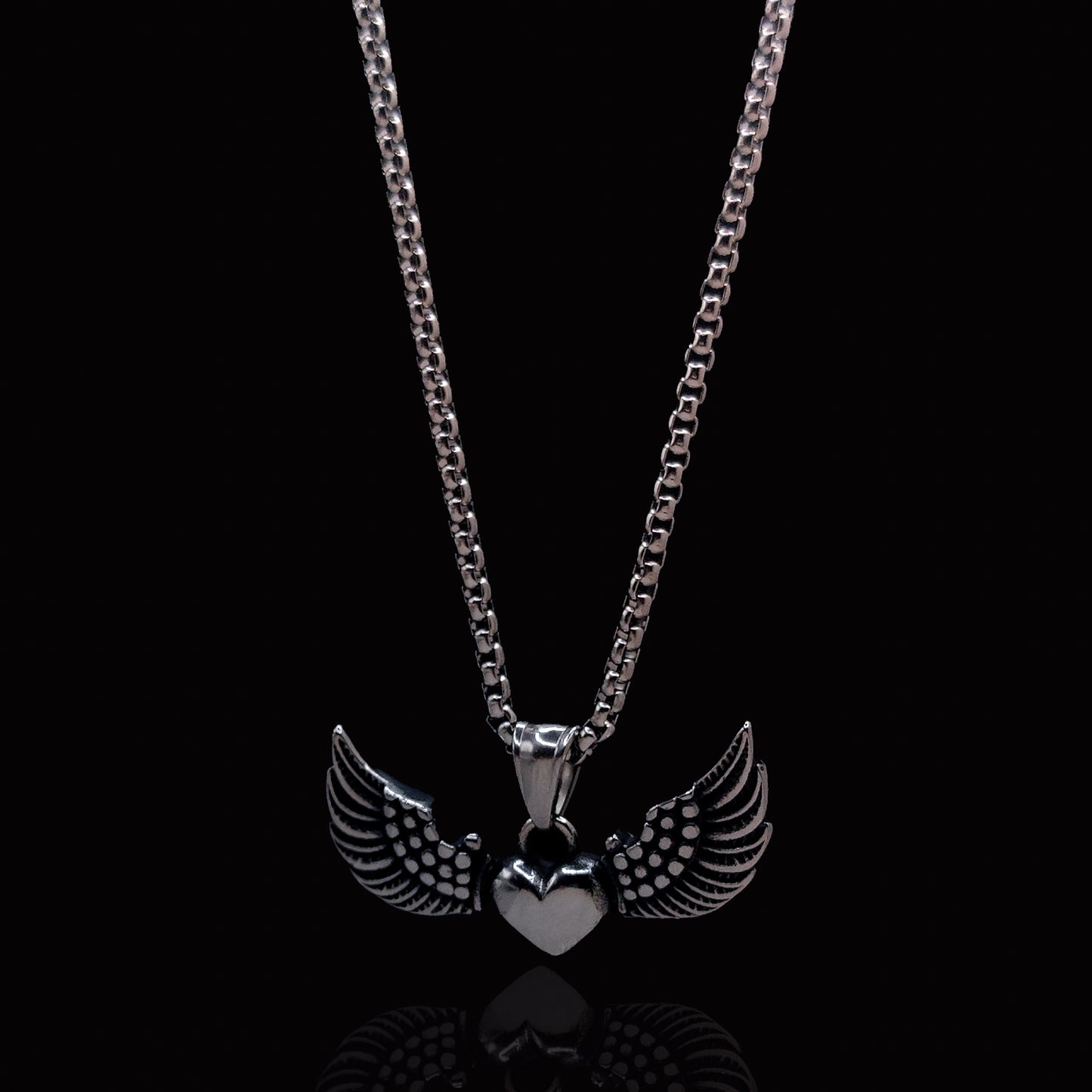 Silver Angel Wing Heart & Rolo Chain 3mm-22inch