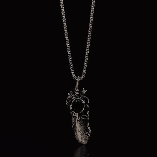 Silver Feather with Black Stone & Rolo Chain 3mm-22inch