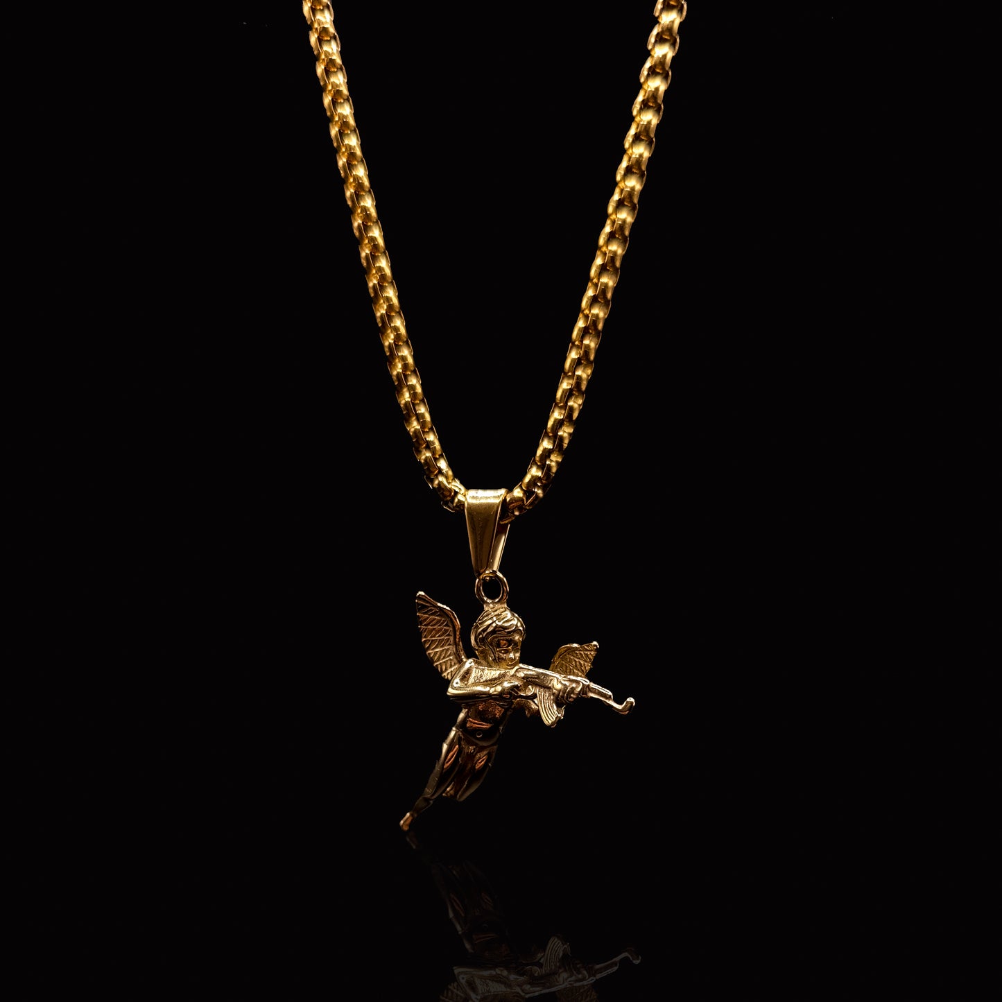 Gold Machine Gun Cherub Pendant & Rolo Chain 3mm-22inch