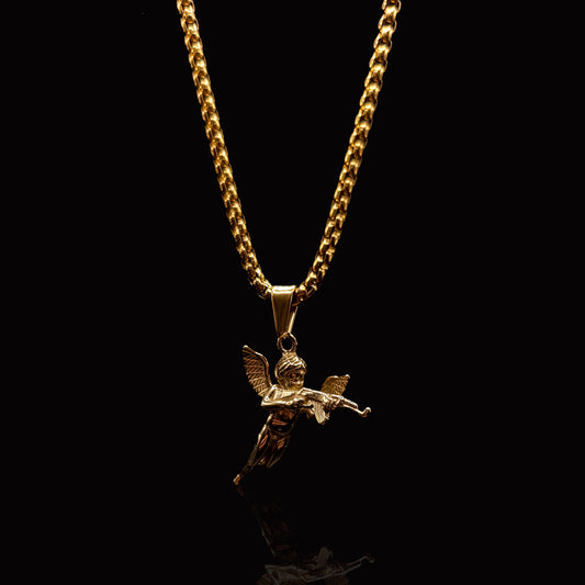 Gold Machine Gun Cherub Pendant & Rolo Chain 3mm-22inch