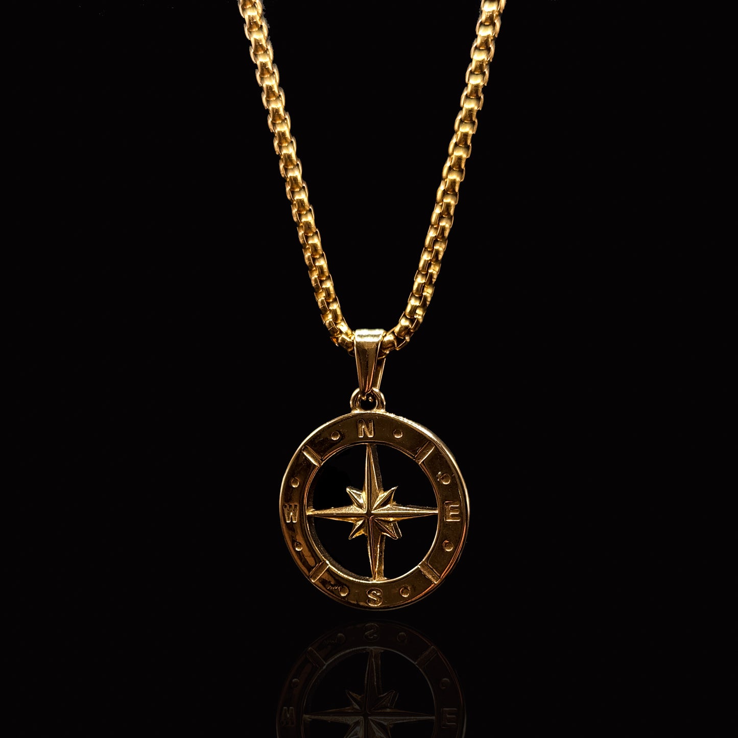 Gold Hollow Compass Pendant & Rolo Chain 3mm-22inch