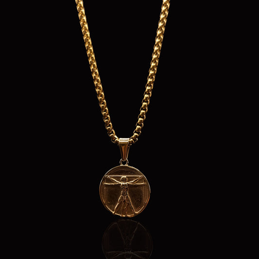 Gold Vitruvian Man Pendant & Rolo Chain 3mm-22inch