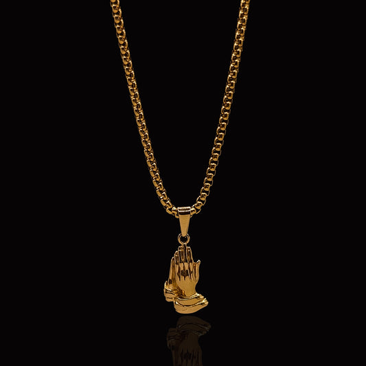Gold Lets Pray Pendant & Rolo Chain 3mm-22inch