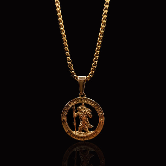 Gold St Christopher Pendant & Rolo Chain 3mm-22inch