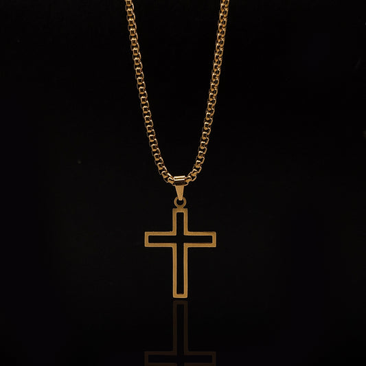 Gold Hollow Cross Pendant & Rolo Chain 3mm-20inches