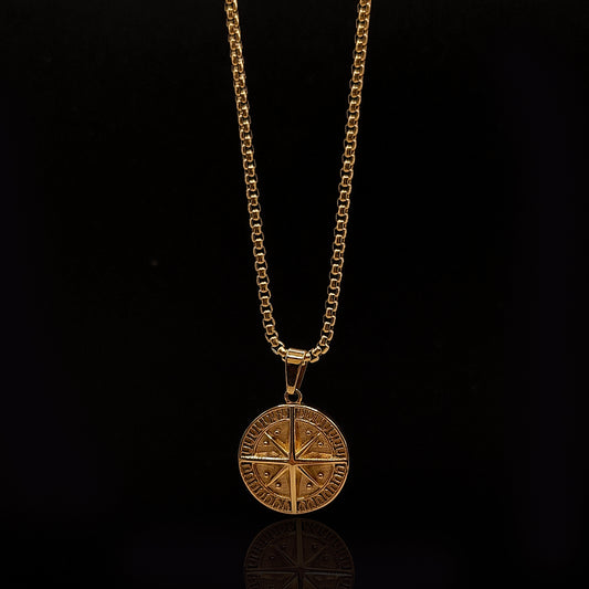 Gold Compass Pendant & Rolo Chain 3mm-24inches