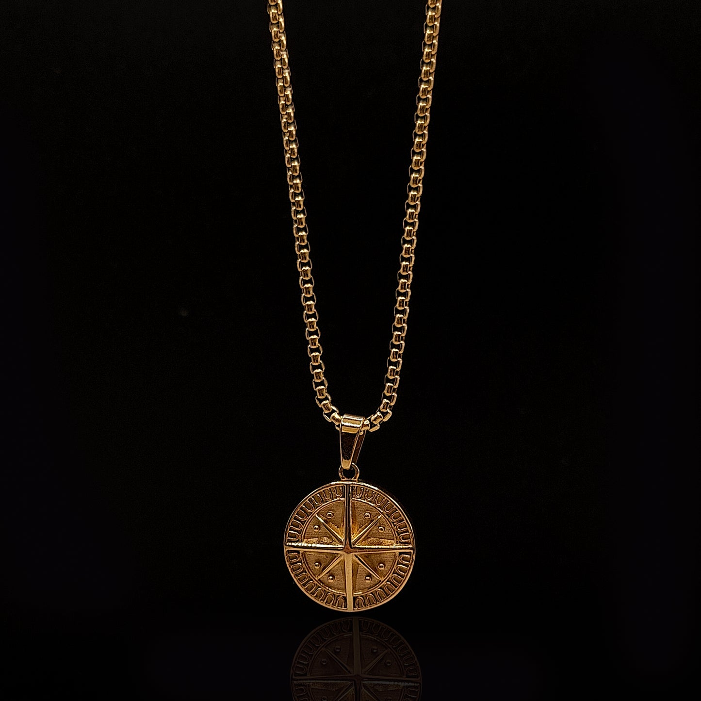 Gold Compass Pendant & Rolo Chain 3mm-24inches