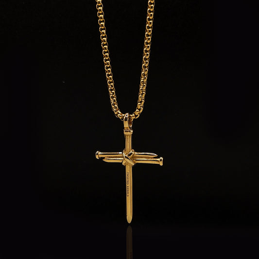 Twisted Rebels Nail Cross Pendant & Rolo Chain 3.5mm - 60cm (Gold)